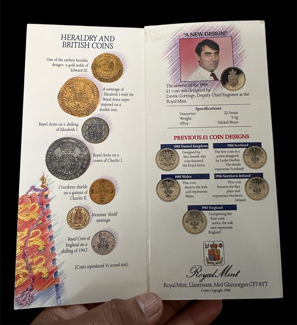 1988, United Kingdom Brilliant Uncirculated 1-pound Coin cover With Coins Made Info